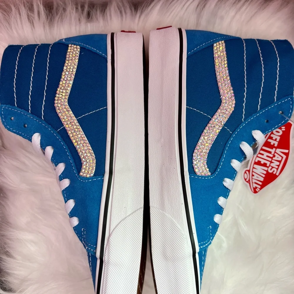 NWOT Custom Bling Blue Suede Vans Sneakers M6/W8 - Picture 4 of 8